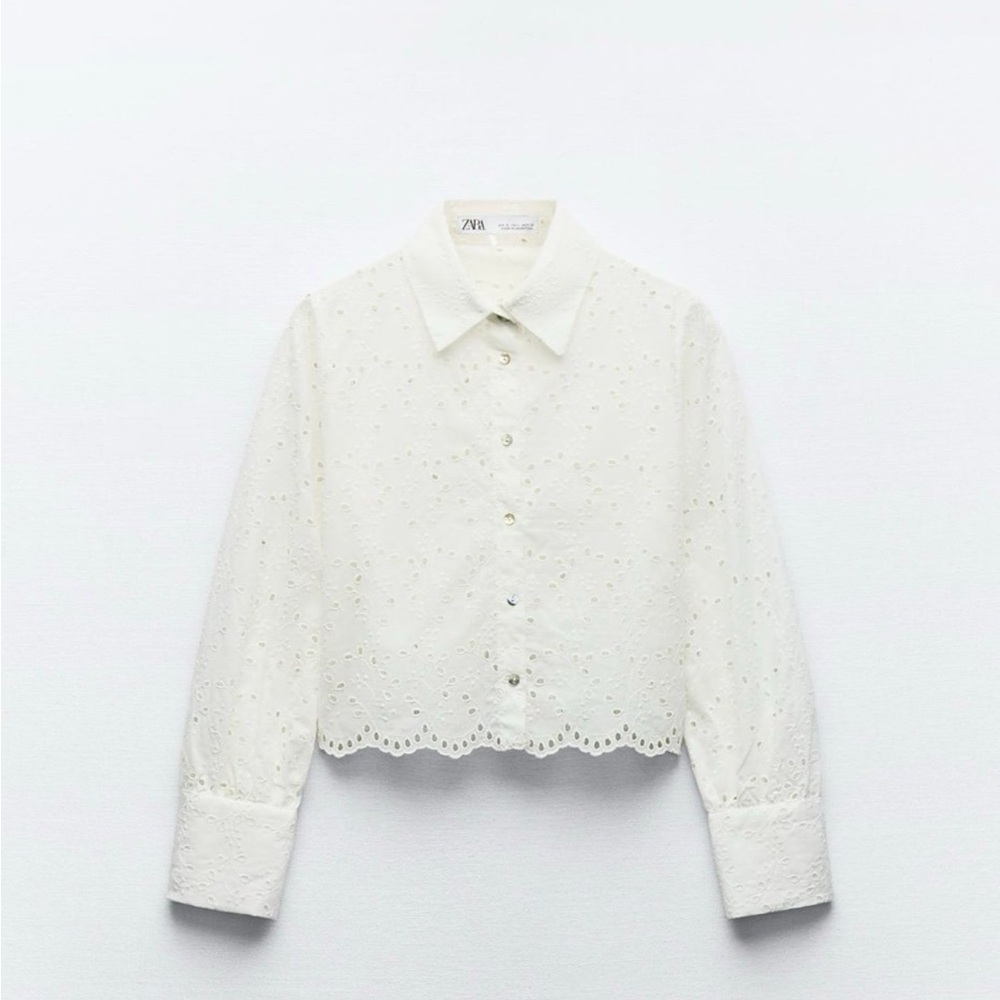 zara embroidered eyelet cropped shirt